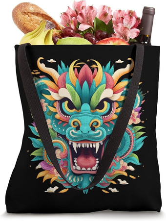 a tote bag with a colorful dragon design on it , year of the dragon tote bag, gift for chinese new year