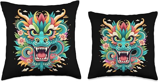 two pillows with colorful dragon designs on them, year of the dragon pillows, year of the dragon gift, chinese new year gift